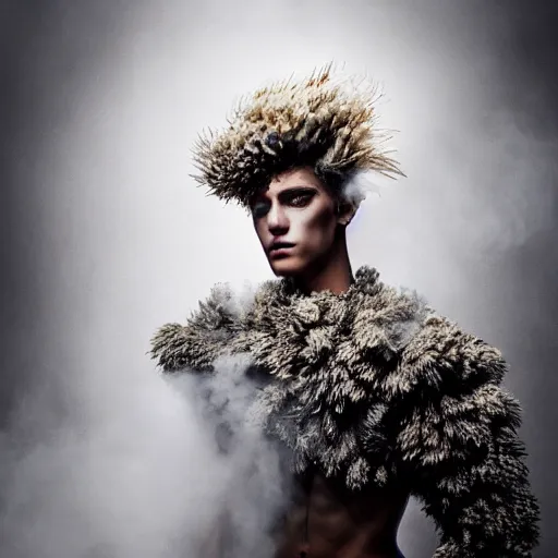 Image similar to a portrait of a beautiful young male wearing an alexander mcqueen armor made of smoke , photographed by andrew thomas huang, artistic