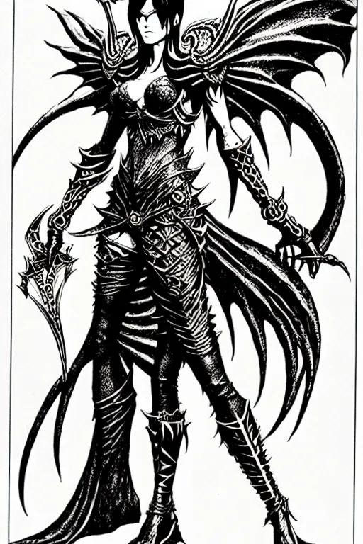 Image similar to bayonetta as a d & d monster, full body, pen - and - ink illustration, etching, by russ nicholson, david a trampier, larry elmore, 1 9 8 1, hq scan, intricate details, stylized border