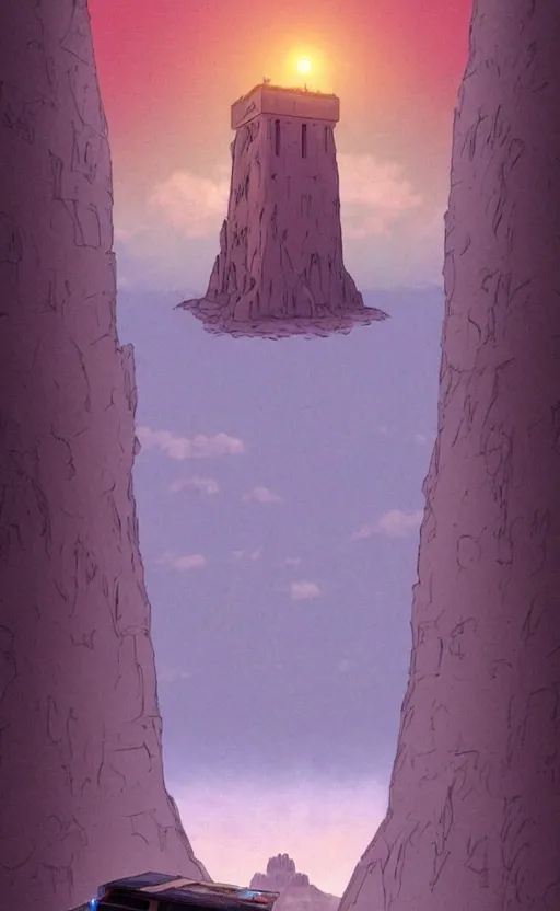 Image similar to a realistic cell - shaded studio ghibli concept art from paprika ( 2 0 0 6 ) of a flying multi - colored cube from close encounters of the third kind ( 1 9 7 7 ) in a flooded monument valley stonehenge jungle on a misty starry night. very dull colors, wide shot, hd, 4 k, hq