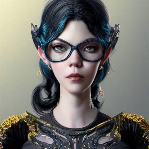 Image similar to a portrait a older anya taylor - joy as bayonetta, urban motifs, intricate, elegant, highly detailed, digital painting, trending on artstation, concept art, smooth sharp focus, illustration, art by artgerm and greg rutkowski