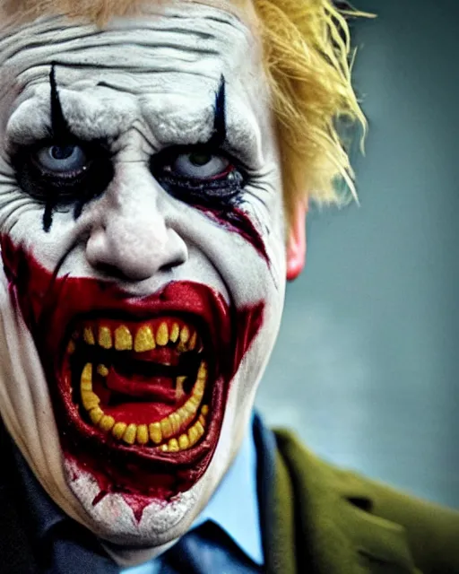 Image similar to film still close - up shot of boris johnson as the joker from the movie the dark knight. photographic, photography