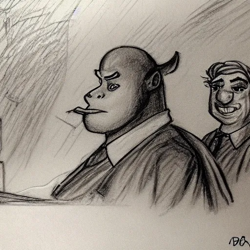 Image similar to shrek on trial in courtroom, courtroom sketch, pencil sketch, judge, courtroom