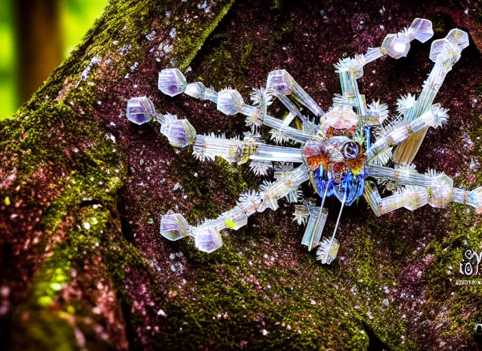 Image similar to photo of a crystal of a crystal mechanical spider in the forest. Fantasy magic style. Highly detailed 8k. Intricate. Nikon d850 55mm. Award winning photography.