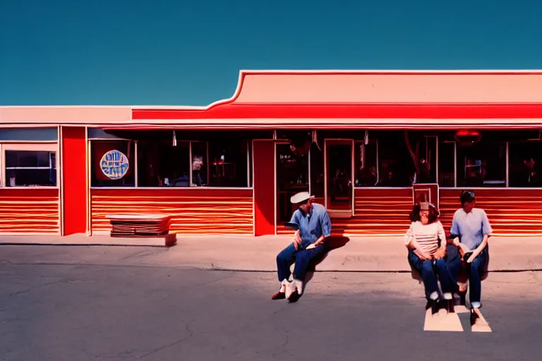 Image similar to 1 9 7 5 googie popsicle, people sitting at tables, googie architecture, two point perspective, americana, restaurant exterior photography, hd 4 k, taken by alex webb