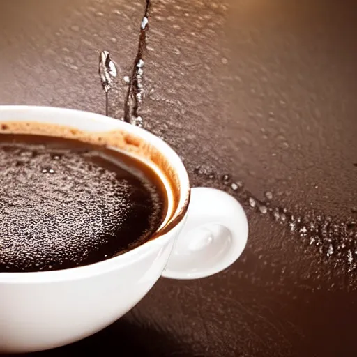 Image similar to Close up of coffee being poured into a cup on a rainy morning, studio lighting , macro, coffee, morning, rain, highly detailed, sharp focus, Volumetric dynamic lighting, still life, real life, 4k