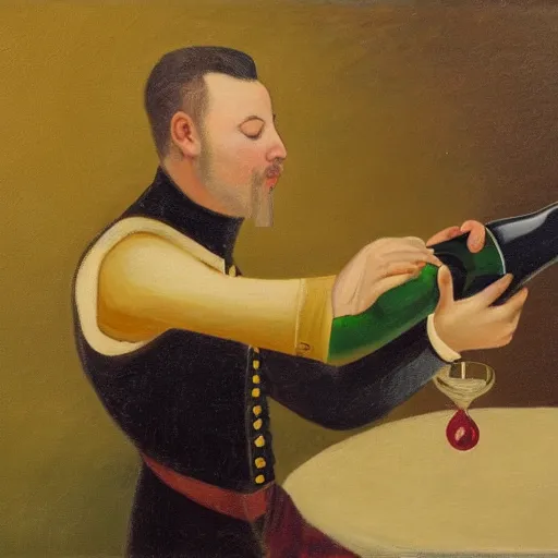 Prompt: oil painting by james gilray of a man opening a bottle of champagne with a sword.