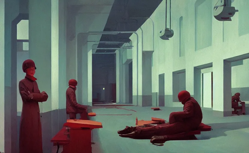 Image similar to Inside Soviet factories gulag, very coherent, painted by Edward Hopper, Wayne Barlowe, painted by James Gilleard, airbrush, art by JamesJean