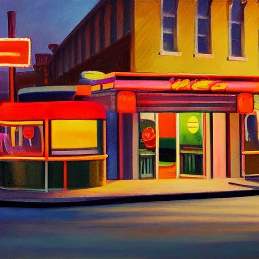 Image similar to a painting of an 80s diner with colorful lights, vintage sports cars are parked in front of it, it is night, the colorful lights of the diner light up the street, in the style of Edward Hopper, 4k,