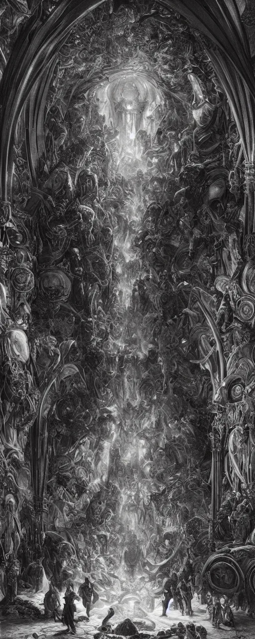 Image similar to medieval explorers inside an enormous alien cavern, enormous shiny black alien architecture, an enormous portal opens to another dimension, translucent, inner illumination, cinematic lighting, volumetric, complementary color, by h. r. giger and gustave dore, by alphonse mucha and roger deakins