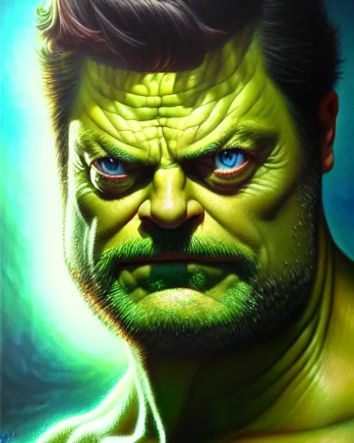 Image similar to detailed portrait of nick offerman as hulk! by tomasz alen kopera and peter mohrbacher and johanna martine! and margaret keane! coherent luminescent
