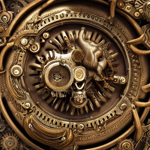 Image similar to A steampunk ornate lion made of engraved full plate armor and gears, Macro shot by Justin Gerard, unreal engine, physically based rendering