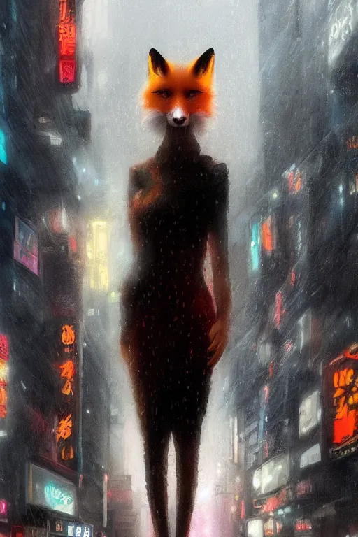 Image similar to beautiful portrait of a tall white female anthro fox smoking a cigarette towering head and shoulders above the bustling crowd of a rainy city street around her, cyberpunk, harsh neon lights, highly detailed, sharp focus, digital painting, illustration, trending on artstation, art by sakimichan, wlop, greg rutkowski