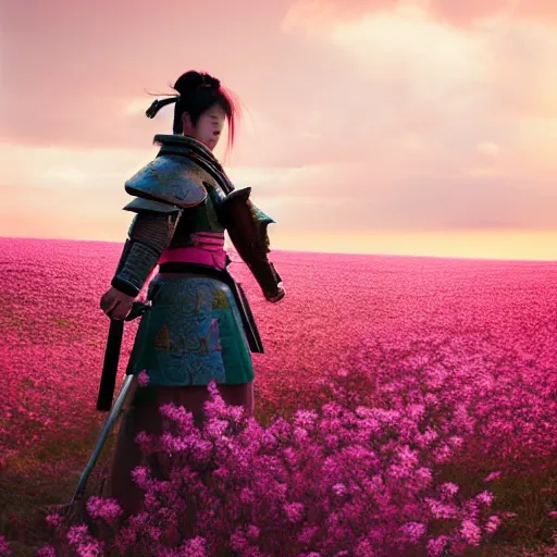 Prompt: female samurai in armor standing in a pink flower field in the style of Ruan Jia, golden hour