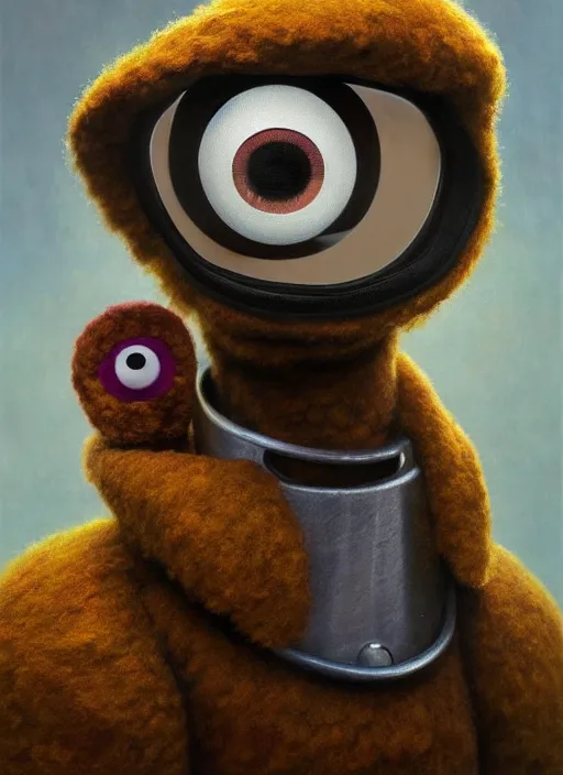 Image similar to muppet mf doom googly glossy eyes, felt muppet skin. intricate cotton puffs, elegant, highly detailed, centered, digital painting, artstation, concept art, smooth, sharp focus, illustration, artgerm, tomasz alen kopera, peter mohrbacher, donato giancola, joseph christian leyendecker, wlop, frank frazetta