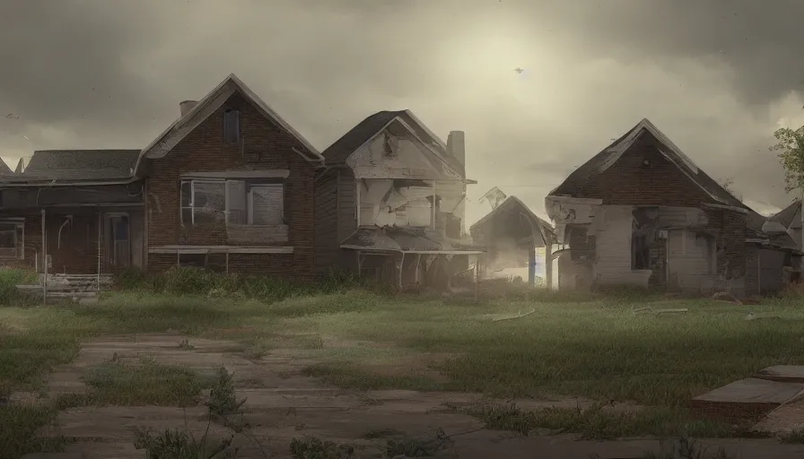 Image similar to midwest city's low - rise neighborhood, abandoned house, people, cloudy day, volumetric light, hyperdetailed, artstation, cgsociety, 8 k