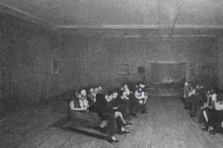 Image similar to photo of a room of people staring at a live demon, the vibe is eerie, the image is low quality and in color, it was found on the deep web.