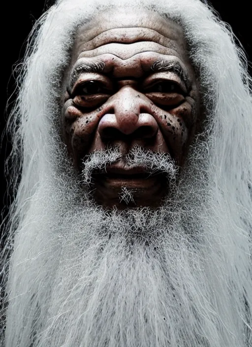 Image similar to evil morgan freeman as evil wizard saurman the white, long white hair and white beard, beautiful pure white warlock flowing robes, long black wizard staff by alan lee, lord of the rings, smooth, oil painting, matte painting, concept art, trending on artstation, promotional artwork, film still, elegant, photorealistic facial features, intricate, detailed face, cinematic lighting