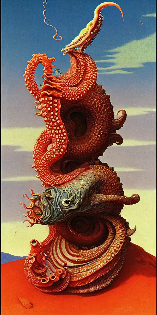 Prompt: portrait of the ammonite skeksis supermodel clad in coral armor biting into a juicy squid, by kawase hasui, dorothea tanning, moebius, edward hopper and james gilleard, aivazovsky, zdzislaw beksinski, steven outram colorful flat surreal design