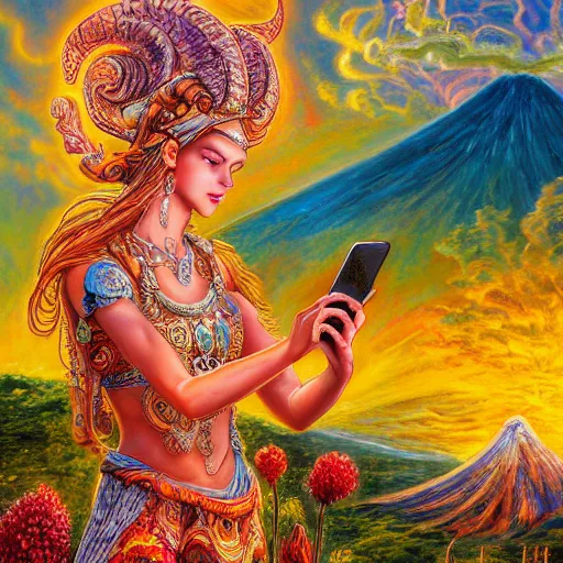 Prompt: a ram goddess checking her cell phone, erupting volcano and sunset in distance in background, flowers in foreground by senior concept artist josephine wall, zodiac, fantasy, acrylic on canvas, intricately detailed, highly detailed, high resolution, hd, 8 k, wallpaper, trending on artstation,