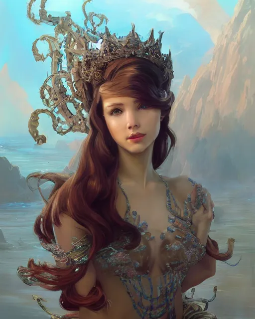 Image similar to the queen of the 7 seas, mysterious, highly detailed, digital painting, artstation, concept art, smooth, sharp focus, illustration, unreal engine 5, 8 k, art by stanley artgerm lau, wlop, rossdraws, frank frazetta, andrei riabovitchev, marc simonetti, and alphonse mucha, treanding on artstation