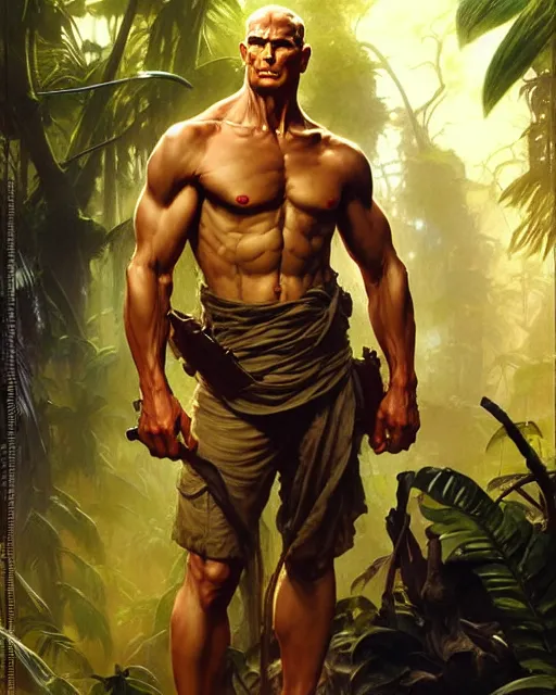 Image similar to doc savage in the jungle, fantasy character portrait, ultra realistic, concept art, intricate details, highly detailed by frank frazetta greg rutkowski, gaston bussiere, craig mullins, simon bisley ruan jia and mandy jurgens and artgerm and william - adolphe bouguereau and frank frazetta