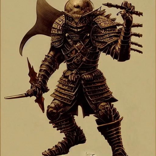 Image similar to quarter length portrait of an armored samurai hobgoblin, d & d, fantasy, greg rutkowski, frank frazetta, alexandre chaudret, boris vallejo, michael whelan, miro petrov, hr giger, magali villeneuve, donato giancola