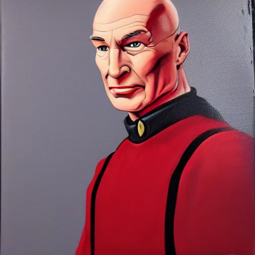 Image similar to a hyper real comic book style portait painting of captain picard with a red dress and lipstick