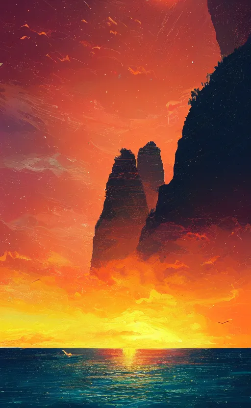 Prompt: a beautiful illustration of twelve apostles at sunset, art of alena aenami, featured on artstation, vertical orientation, paint brush strokes, expressionism, brushstroke - laden, breathtaking clouds, birds, ocean, beautiful stars, long exposure, gigantic sun, airy theme, red purple gradient, lens flare