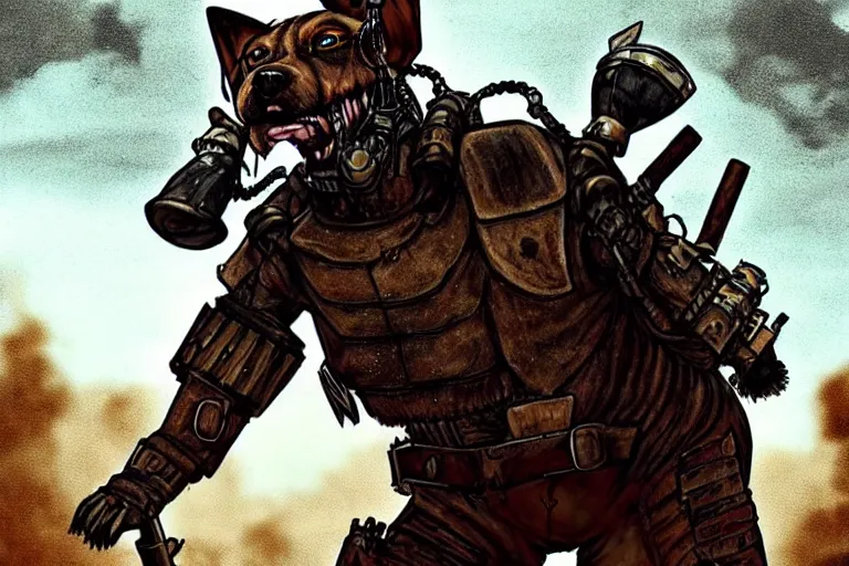 Image similar to a good ol'hound dog fursona ( from the furry fandom ), heavily armed and armored facing down armageddon in a dark and gritty version from the makers of mad max : fury road. witness me.