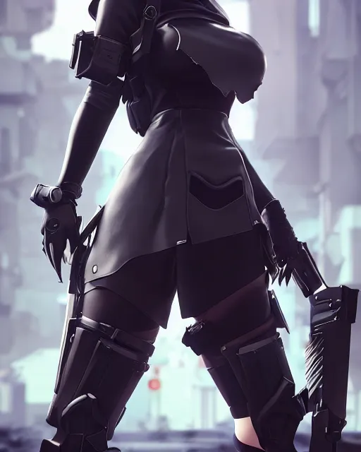 Image similar to yorha no. 2 type b as a overwatch character, medium shot, asymmetrical, profile picture, hyper realism, cinematic, volumetric lighting, epic composition, high detail, octane render, unreal engine, 8 k, concept art, 3 d render, digital art, deviantart artstation, ray tracing, apocalyptic, intricate complexity, extremely detailed, very sharp,