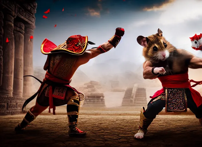 Prompt: hamster dressed as shao khan fights a cat dressed as kung lao in mortal kombat on the background of an ancient temple. fantasy magic style. highly detailed 8 k. intricate. lifelike. soft light. sony a 7 r iv 5 5 mm. cinematic post - processing