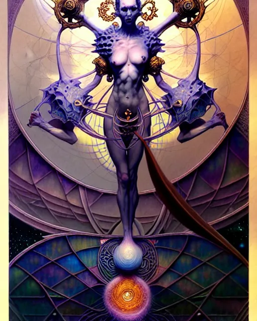 Prompt: the world tarot card, fantasy drawing made of fractals, ultra realistic, wide angle, intricate details, the fifth element artifacts, highly detailed by peter mohrbacher, hajime sorayama, wayne barlowe, boris vallejo, aaron horkey, gaston bussiere, craig mullins