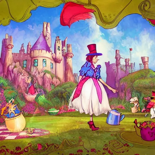 Image similar to A scene from Alice in Wonderland, with the Mad Hatter's tea party in the foreground and the castle in the background. The colors are very bright and whimsical, and the composition is very busy. This is an illustration, done in a traditional animation style with a focus on color and movement. The artist is Craig Mullins, and the artwork is called Mad Tea Party