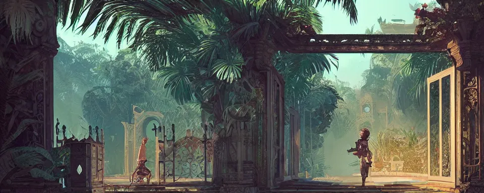 Prompt: a beautiful detailed architecture art of ancient ornamental gate in the middle of tropical jungle by atey ghailan, by greg tocchini, by james gilleard, by joe gb fenton, by kaethe butcher, dynamic lighting, clean, grunge aesthetic, octane render, artstation