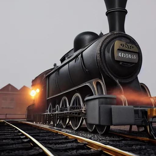 Image similar to a black steam locomotive pulling a train into a Victorian era crowded train station, slight fog, highly detailed, octane render, unreal engine 5