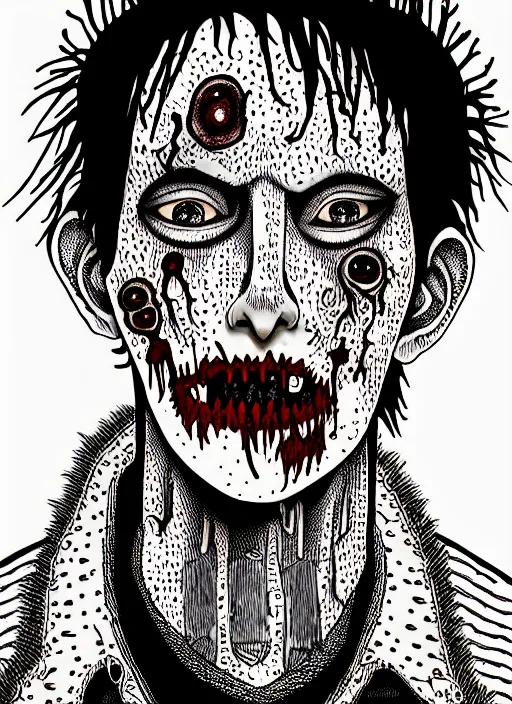 Image similar to junji ito style portrait of zombie teenage jughead jones wearing a light grey crown, zombie, crown, rotting skin, blind eyes, white eyes, crown, black hair, intricate, highly detailed, illustration, art by junji ito