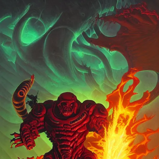 Prompt: Doom marine fighting with daemons on a lava background, Moebius style