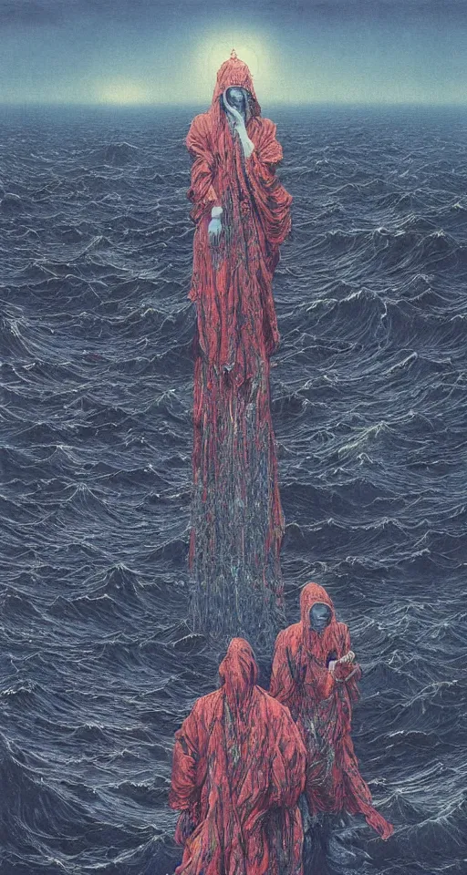 Image similar to worshippers in robes belonging to the cult of the lighthouse standing in waves, a lighthouse, high detailed beksinski painting, part by adrian ghenie and gerhard richter. art by takato yamamoto. masterpiece, deep colours, blue