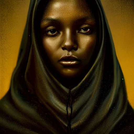 Image similar to a portrait of a young black woman wearing a long dark cloak, hood and shadows covering face, anatomically correct, beautiful perfect face, enigmatic, oil painting, matte painting, black background, Volumetric Golden dappled dynamic lighting, Highly Detailed, Cinematic Lighting, Unreal Engine, 8k, HD, by Beksinski