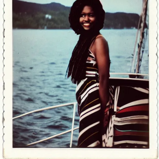 Image similar to a medium full shot, german and eastern european mixture polaroid photograph depicting a black woman with dark brown skin, long, swirling black hair, and jade colored eyes, on a sailing boat. she is wearing wearing a yachting dress ensemble in 1 9 8 2.