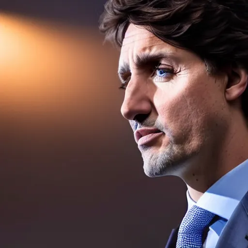 Image similar to a close up still of Justin Trudeau. He's lookin at you. He's wearing a suit, dark. Studio lighting, shallow depth of field. Professional photography City at night in background, lights, colors,4K