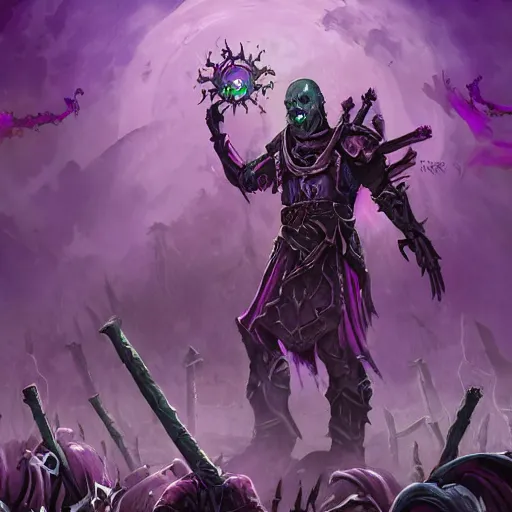 Prompt: a necromancer holding a bone staff calling an army of undead rising from the ground in the background, violet theme, hearthstone art style, epic fantasy style art, fantasy epic digital art, epic fantasy card game art