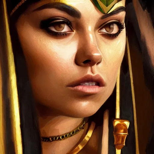 Image similar to a closeup portrait of a young mila kunis as cleopatra, gorgeous view, pyramid background, high detail, art by artgerm and greg rutkowski and alphonse mucha, digital art, trending on artstation