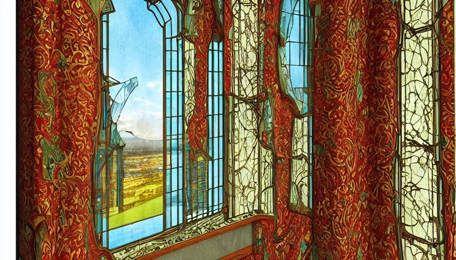 Prompt: a huge standalone hyperrealistic photorealistic hyperdetailed window reflecting a minimalist modern transmitter, seen from the distance. art nouveau rococo baroque in the style of caravaggio and botticelli. unexpected elaborate maximalist fabric elements hd 8 x matte background in vibrant vivid natural interesting colour textures