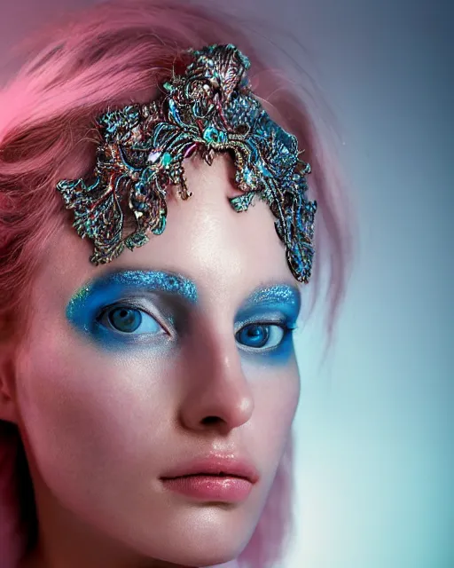 Image similar to natural light, soft focus extreme close up portrait of an android with soft synthetic pink skin, blue bioluminescent plastics, smooth shiny metal, elaborate ornate head piece, piercings, skin textures, by annie leibovitz, paul lehr