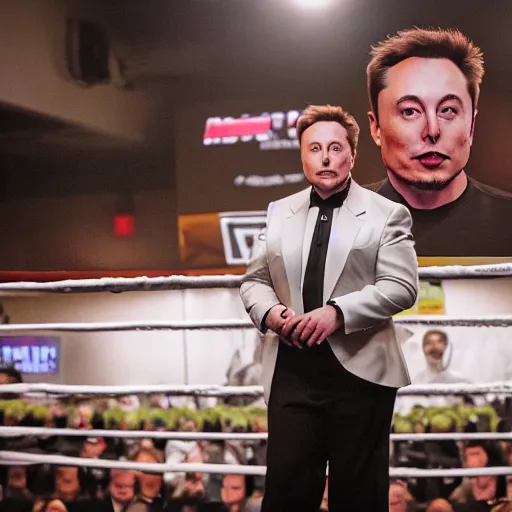 Prompt: cinematic photograph of elon musk dressed in an avacado suit with an avacado hat, realistic, in a boxing ring, 4 k, cinemqtic lighting, high quality photography, mid shot