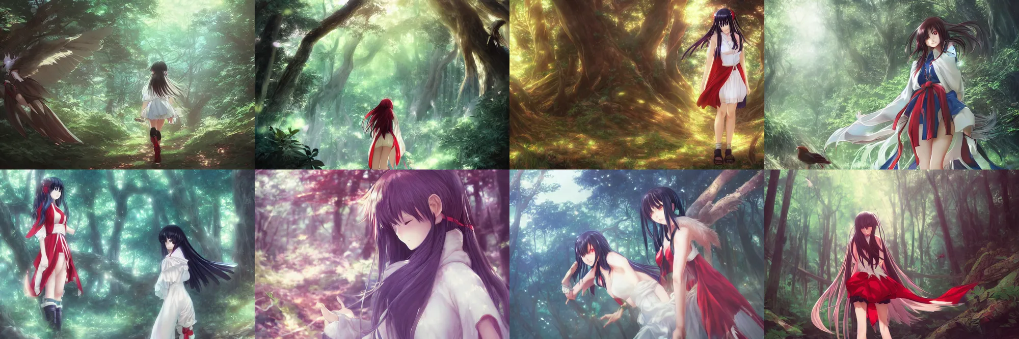 Prompt: Digital anime art by WLOP and Mobius, Nakoruru walks through the forest, many forest animals, hawk on Nakoruru's shoulder, peaceful feeling, highly detailed, soft lighting