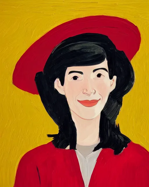 Prompt: portrait of a smiling young woman with hat, long hair and red shirt, colorful, by alex katz, close up