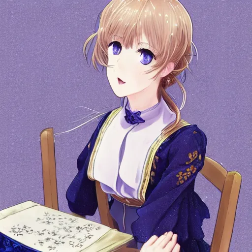 Image similar to a character portrait of violet evergarden, sitting down on a chair in a victorian home background, style of kyoto animations, trending on pixiv, anime, high detail, character accurate