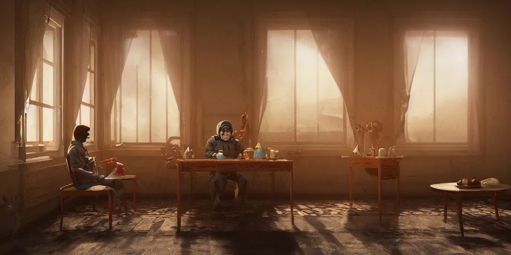 Prompt: a cosmonaut in a spacesuit drinks a steaming cup of tea alone at an old wooden desk in a richly decorated indian house. the autumn light comes in through a window and dimly illuminates the room, diffuse light, octane render, 4k, matte painting